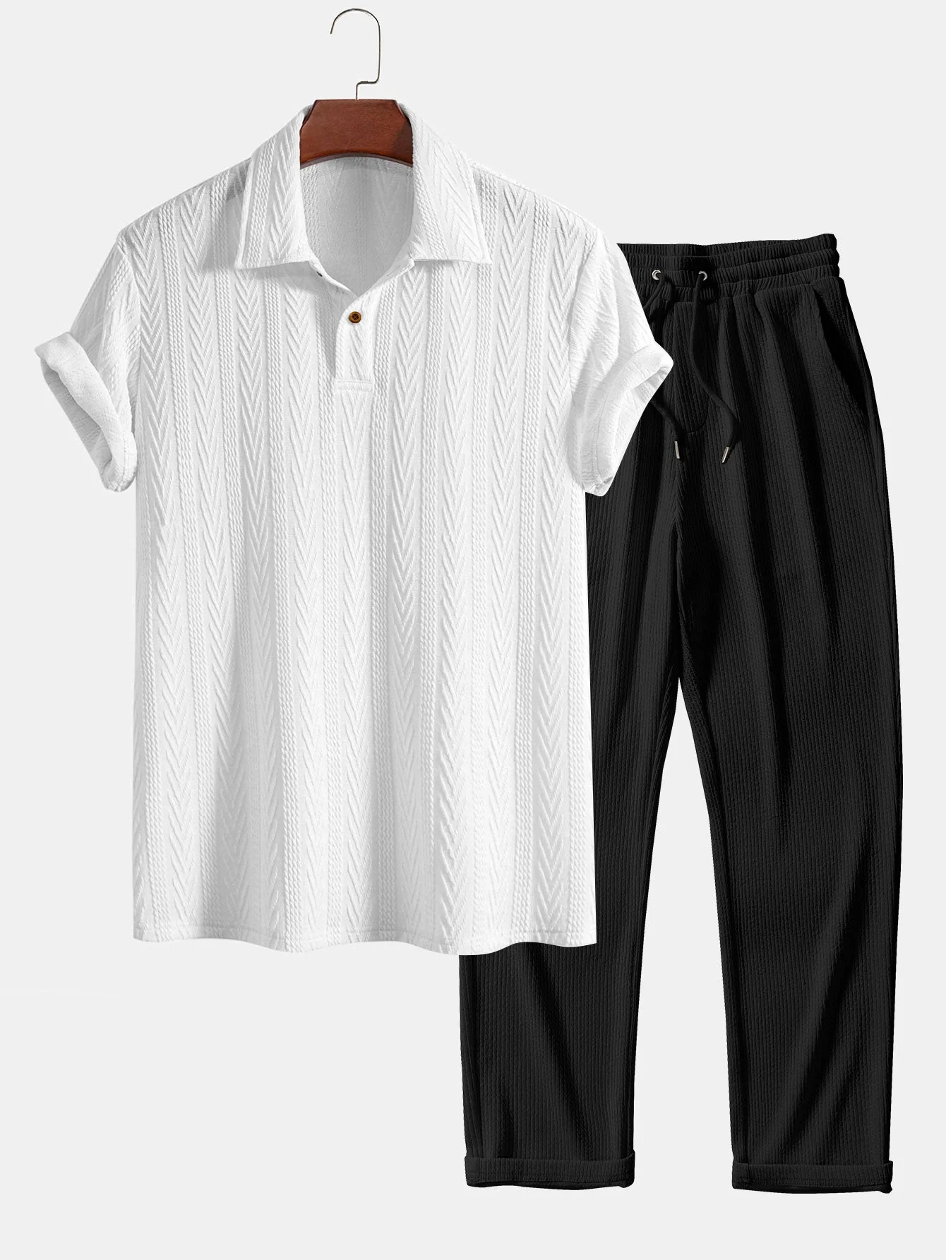 Ciro® | Short Sleeve Jacquard Polo & Straight Leg Ribbed Pants - Image 3