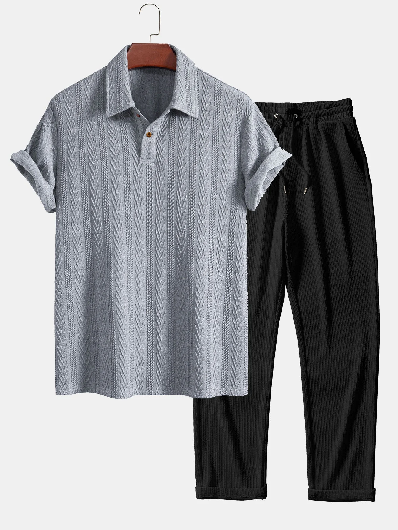 Ciro® | Short Sleeve Jacquard Polo & Straight Leg Ribbed Pants - Image 8