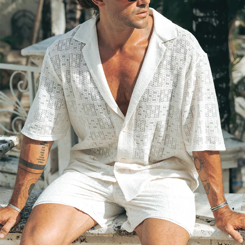 Clark | Men'S Spring And Summer Fashion Casual Lace Sexy Micro-Transparent Short-Sleeved Shirt Shorts Set - Image 3