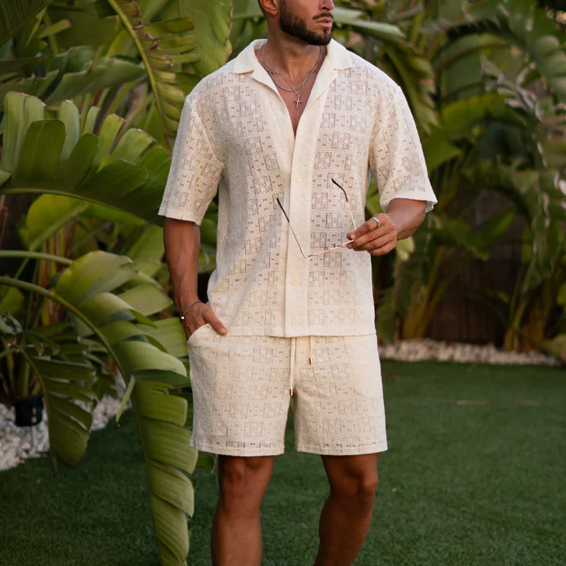 Clark | Men'S Spring And Summer Fashion Casual Lace Sexy Micro-Transparent Short-Sleeved Shirt Shorts Set - Image 4