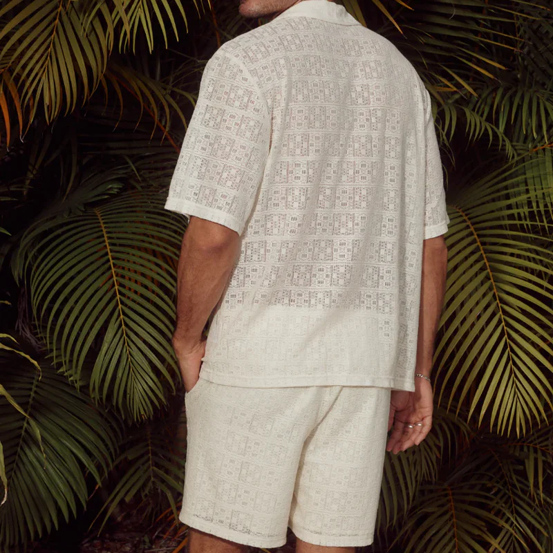 Clark | Men'S Spring And Summer Fashion Casual Lace Sexy Micro-Transparent Short-Sleeved Shirt Shorts Set - Image 5