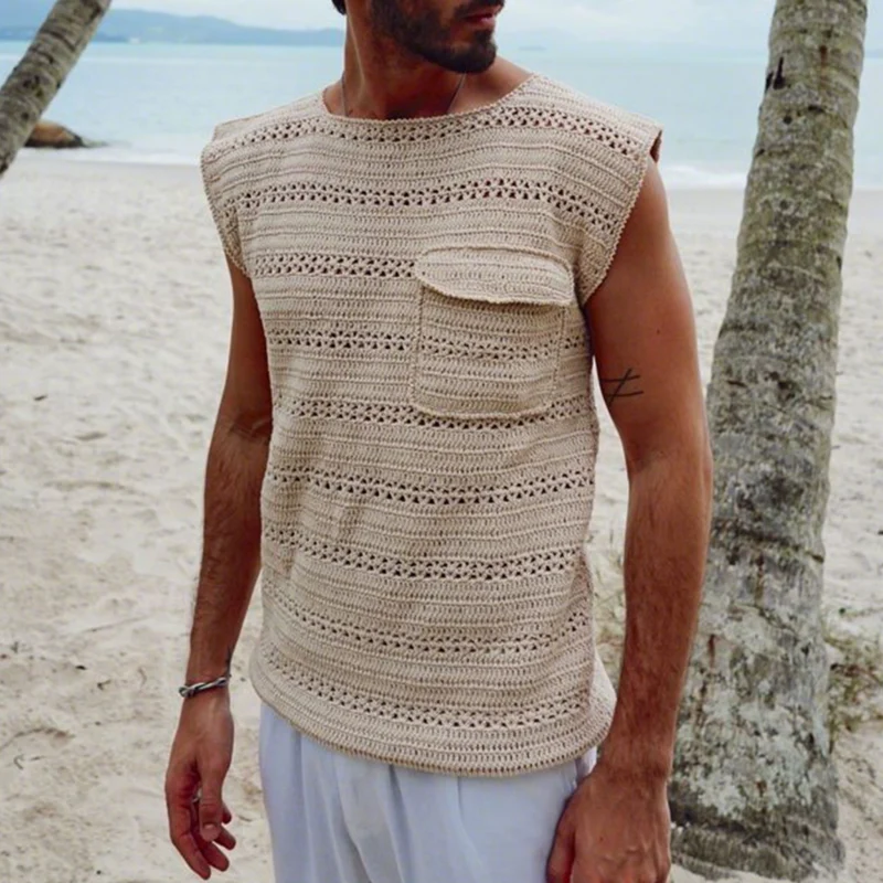 Claude | Men'S Casual Elegant Solid Color Hollow Jacquard Loose Knitted Tank Top - Image 2