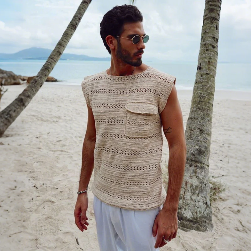 Claude | Men'S Casual Elegant Solid Color Hollow Jacquard Loose Knitted Tank Top - Image 3