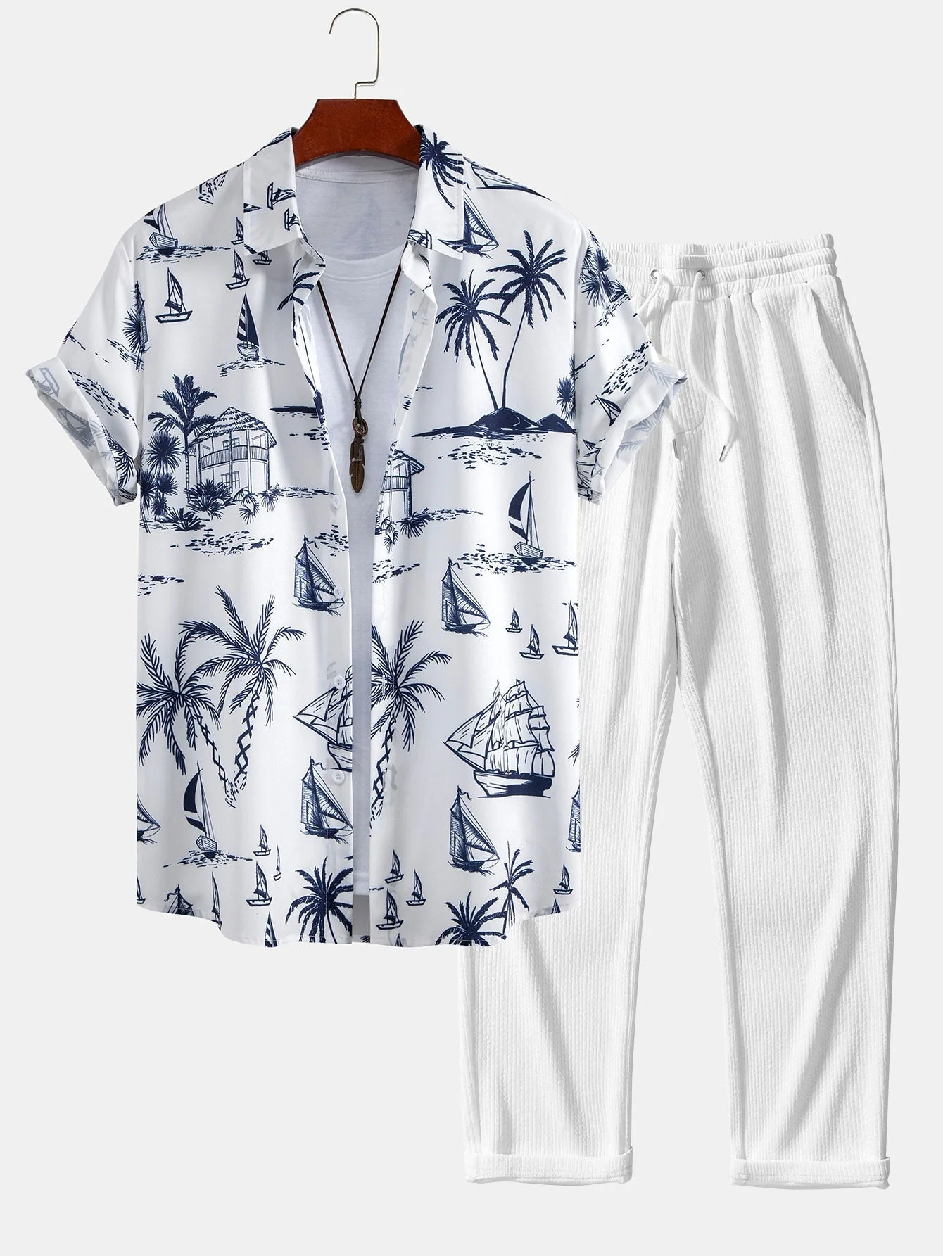 Claudio® | Island Sailing Print Button Up Shirt & Straight Leg Ribbed Pants - Image 2
