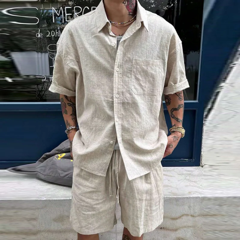 Claudio | Men'S Casual Breathable Linen Lapel Patch Pocket Loose Short Sleeve Shirt Elastic Waist Shorts Holiday Set - Image 2