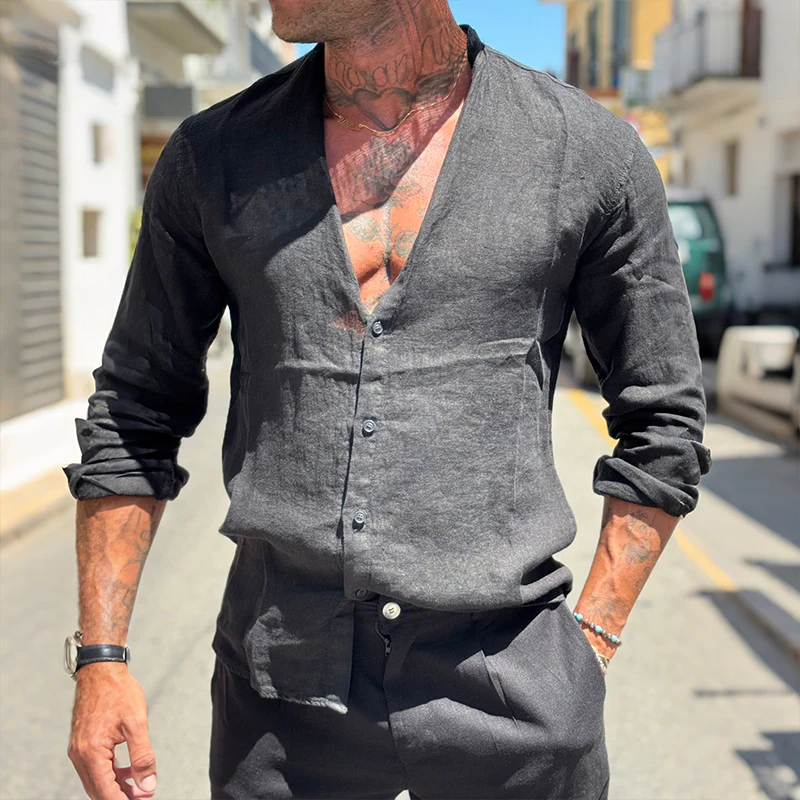 Clayton | Men'S Retro Casual Solid Color Linen Collarless Long Sleeve Shirt - Image 2