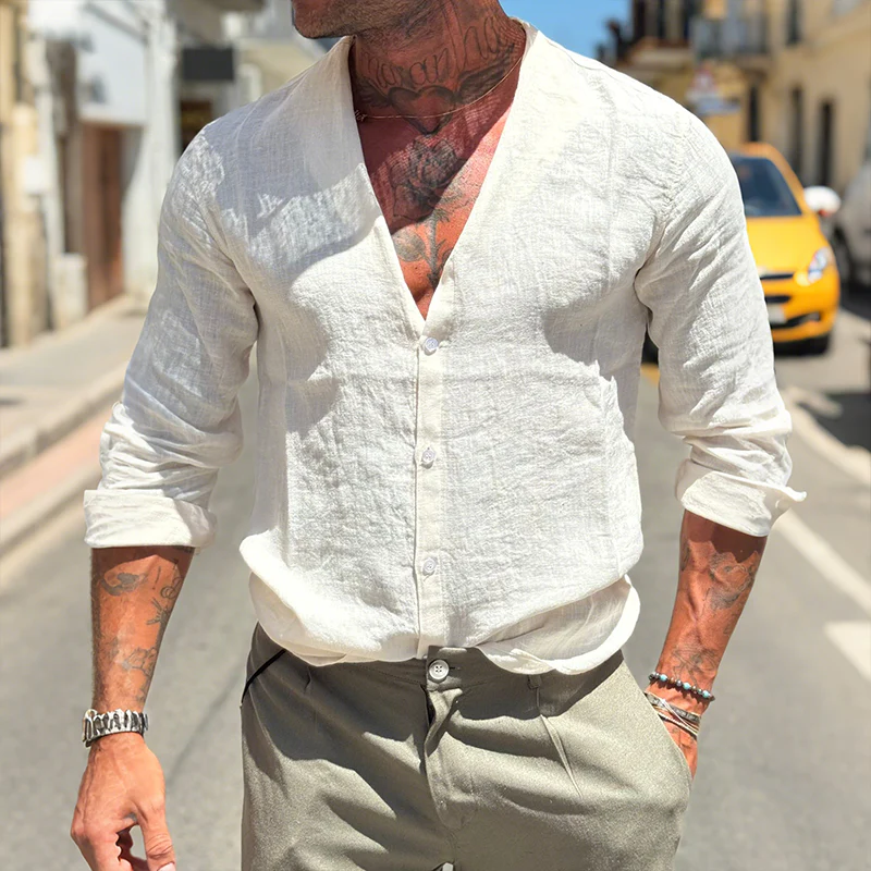 Clayton | Men'S Retro Casual Solid Color Linen Collarless Long Sleeve Shirt - Image 3