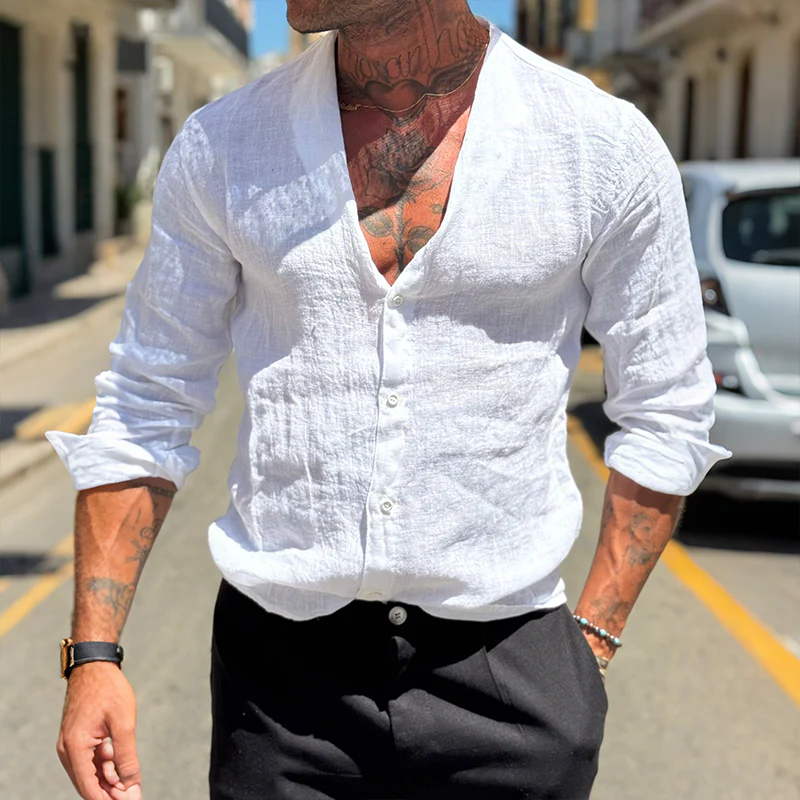 Clayton | Men'S Retro Casual Solid Color Linen Collarless Long Sleeve Shirt - Image 4