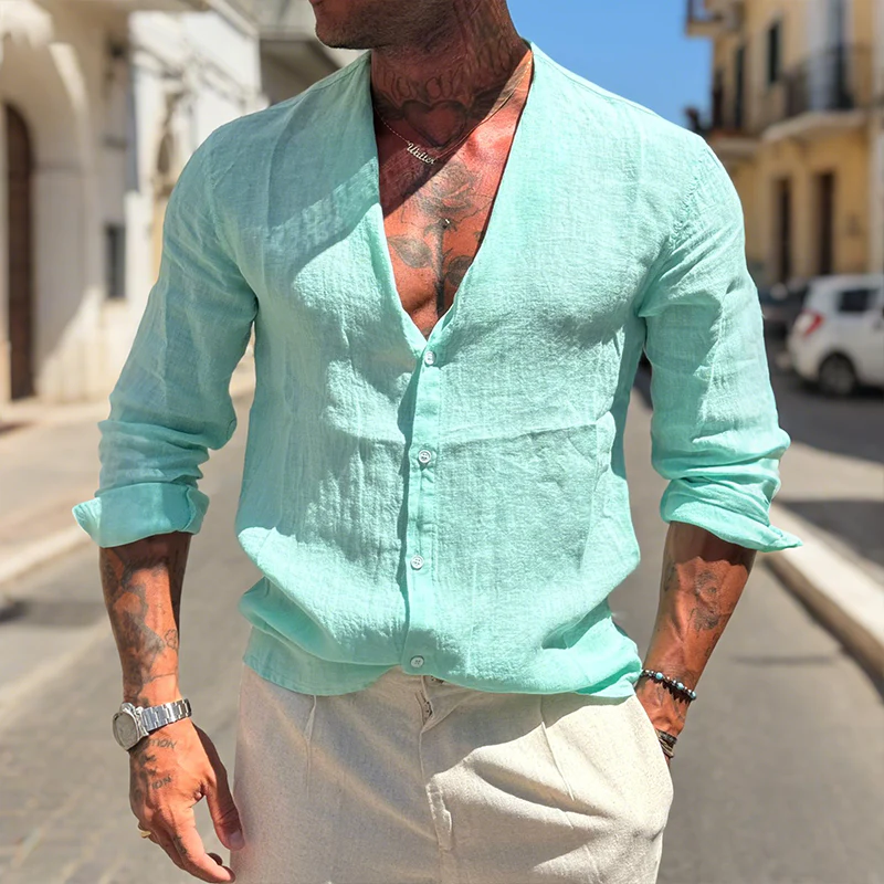 Clayton | Men'S Retro Casual Solid Color Linen Collarless Long Sleeve Shirt - Image 5