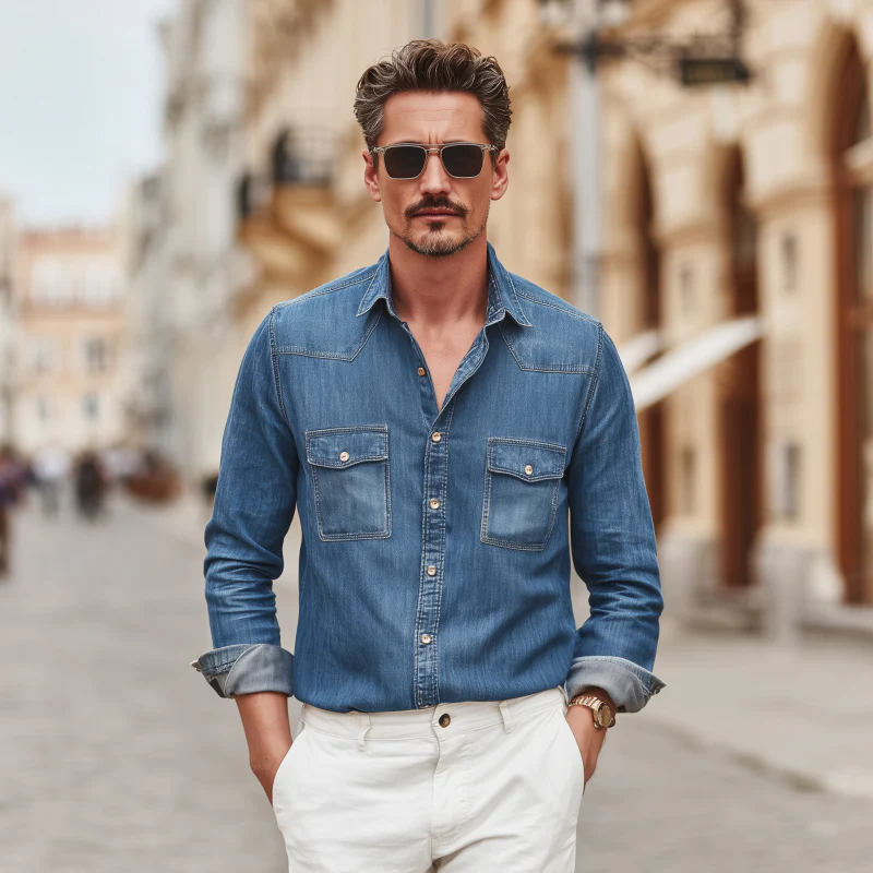 Clayton | Men'S Vintage Denim Washed Distressed Lapel Chest Pocket Slim Fit Western Cowboy Long Sleeve Shirt - Image 3