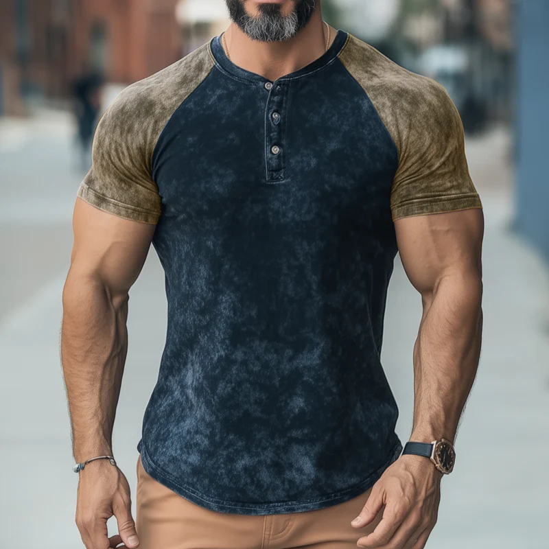 Clifford | Men'S Casual Distressed Colorblock Print Henley Collar Slim Fit Short Sleeve T-Shirt - Image 2