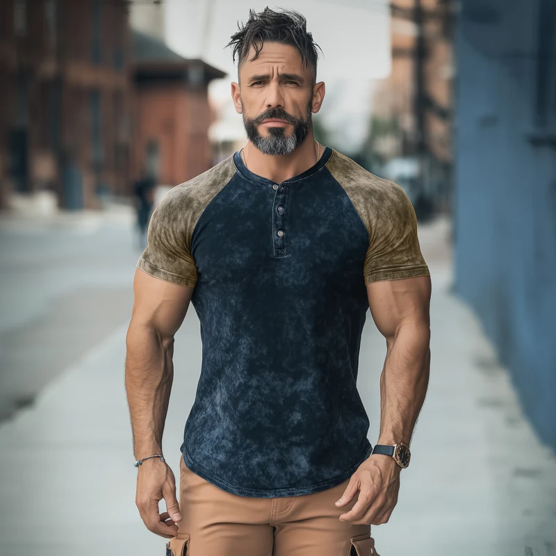 Clifford | Men'S Casual Distressed Colorblock Print Henley Collar Slim Fit Short Sleeve T-Shirt - Image 3