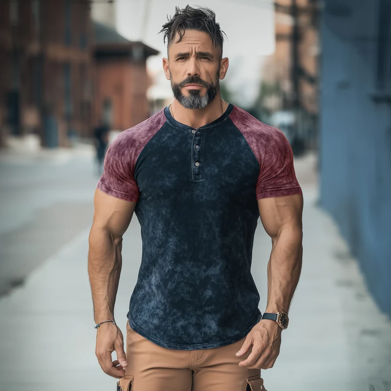 Clifford | Men'S Casual Distressed Colorblock Print Henley Collar Slim Fit Short Sleeve T-Shirt - Image 4
