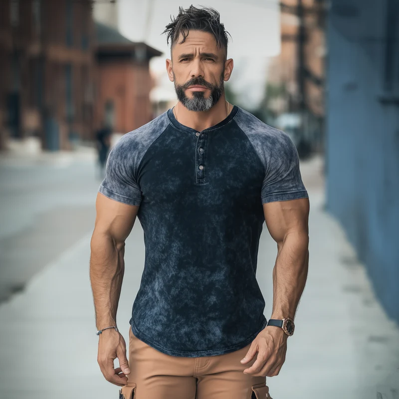 Clifford | Men'S Casual Distressed Colorblock Print Henley Collar Slim Fit Short Sleeve T-Shirt - Image 5