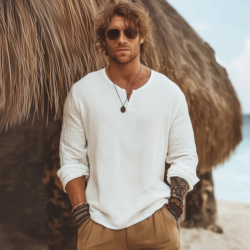 Clifton | Men'S Casual Solid Color Breathable Cotton Bubble Wrinkled V-Neck Loose Long-Sleeved T-Shirt - Image 3