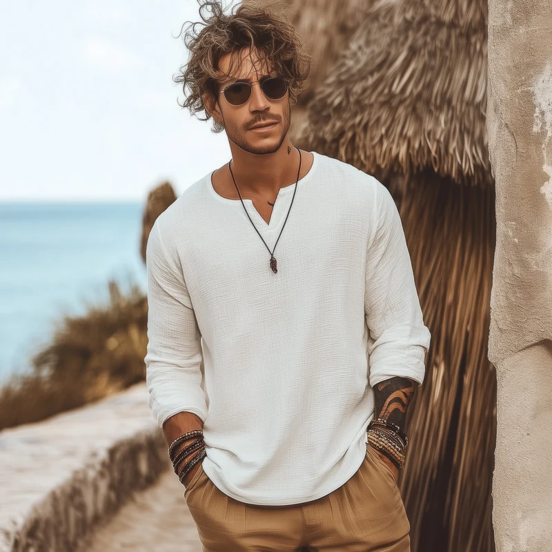 Clifton | Men'S Casual Solid Color Breathable Cotton Bubble Wrinkled V-Neck Loose Long-Sleeved T-Shirt - Image 4