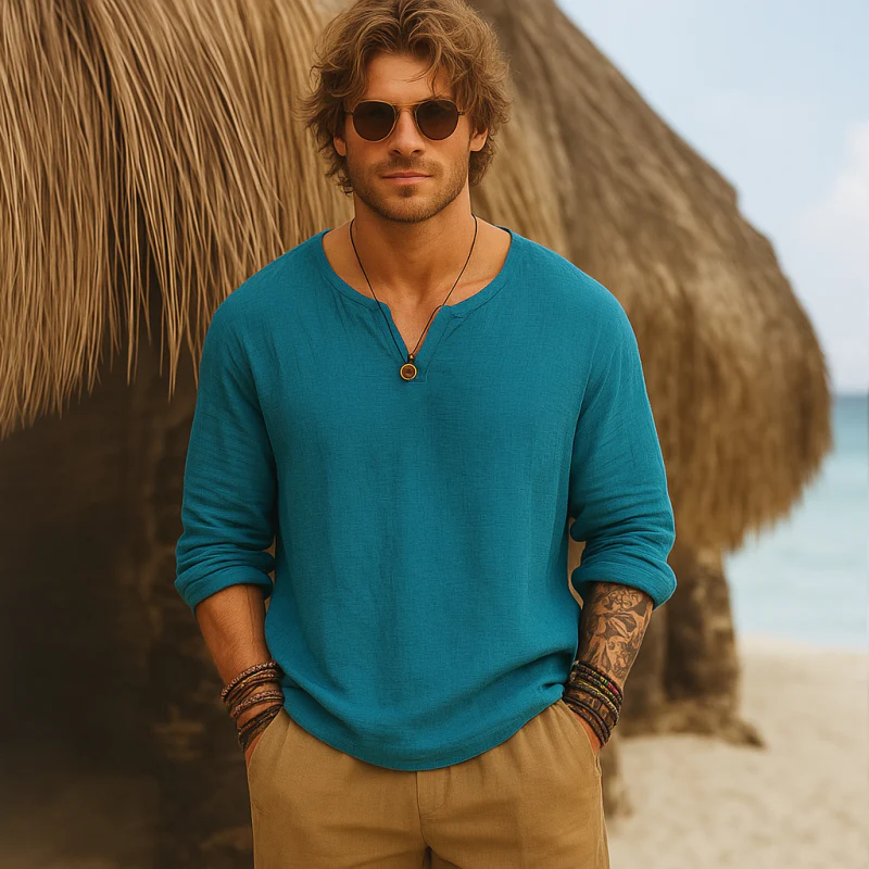 Clifton | Men'S Casual Solid Color Breathable Cotton Bubble Wrinkled V-Neck Loose Long-Sleeved T-Shirt - Image 6