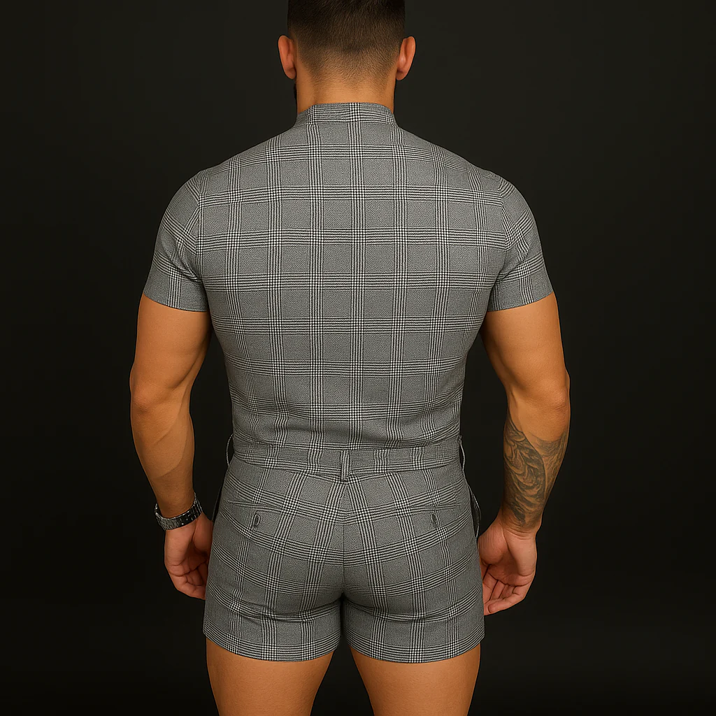 Clint | Men'S Summer Fashion Plaid Cotton And Linen Short Sleeve Shorts Jumpsuit - Image 3