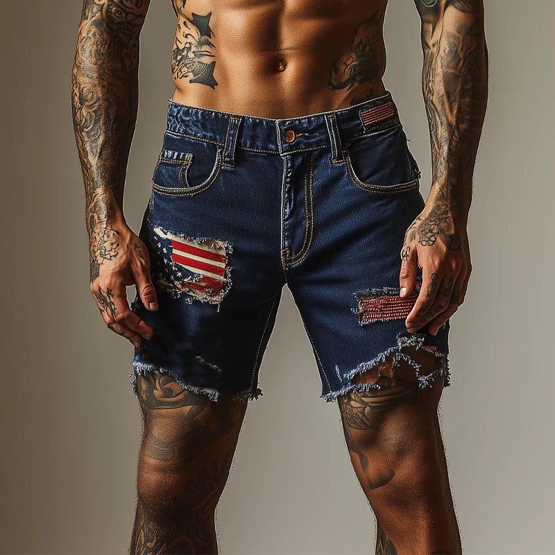 Clyde | Men'S American Flag Washed Ripped Denim Shorts - Image 2