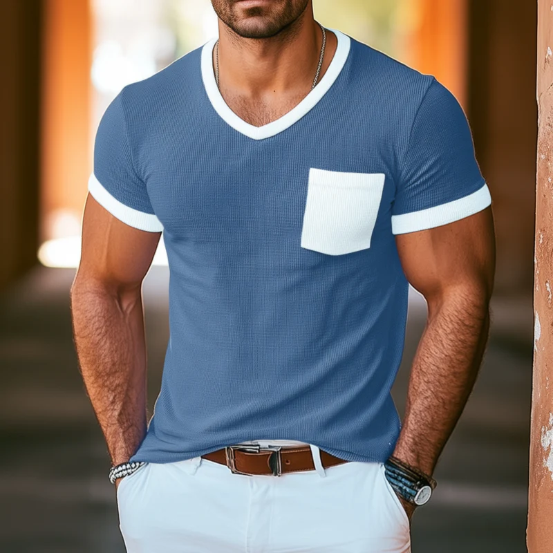 Clyde | Men'S Casual Cotton Blended Waffle Colorblock V-Neck Patch Pocket Slim Fit Short Sleeve T-Shirt - Image 2