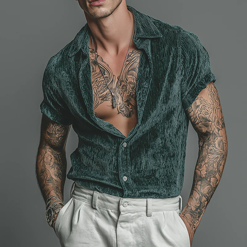 Clyde | Men'S Retro Casual Velvet Lapel Short Sleeve Shirt - Image 2