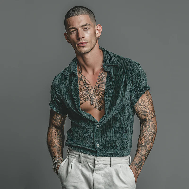 Clyde | Men'S Retro Casual Velvet Lapel Short Sleeve Shirt - Image 3