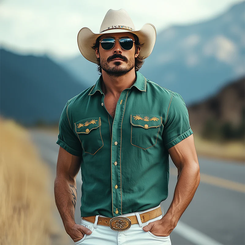 Cody | Men'S Casual American Western Tough Style Cotton Blend Embroidered Slim Short Sleeve Shirt - Image 4