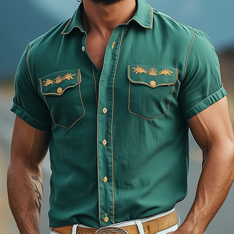 Cody | Men'S Casual American Western Tough Style Cotton Blend Embroidered Slim Short Sleeve Shirt - Image 6
