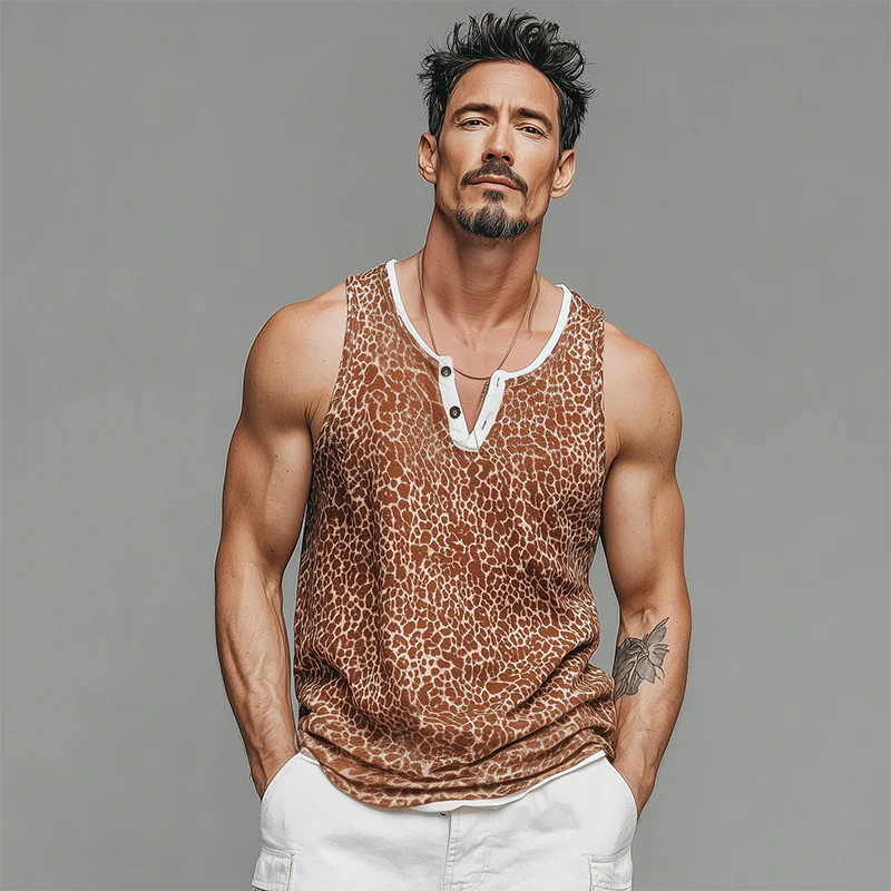 Cole | Men'S Spring Summer Fashion Casual Cotton Blend Fake Two Piece Leopard Print Henley Collar Tank Top - Image 3