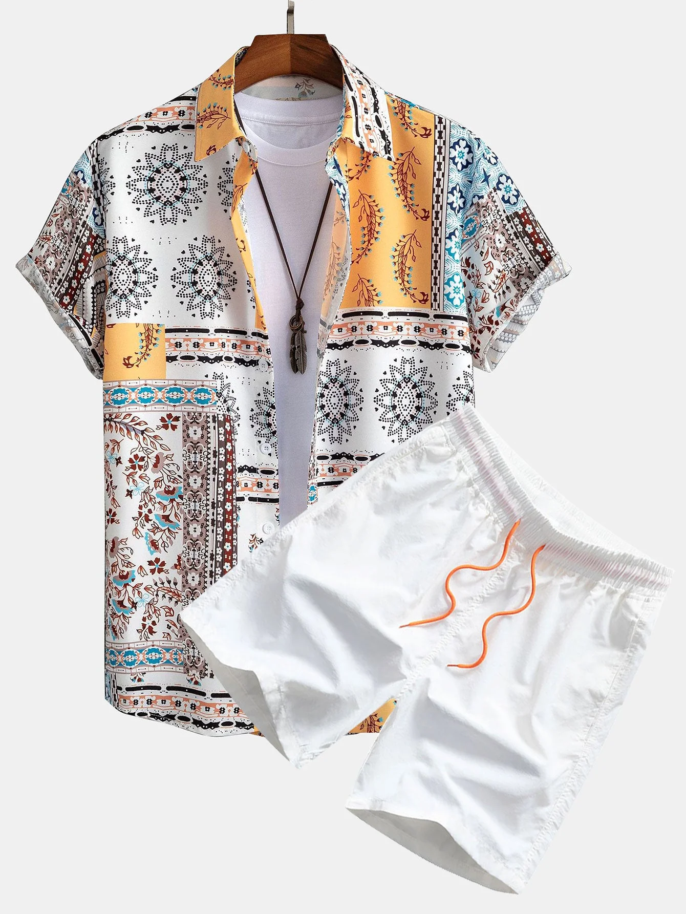Colin® | Scarf Print Button Up Shirt & Swim Shorts