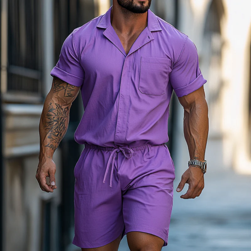 Colin | Men'S Casual Breathable Cotton Lapel Patch Pocket Slim Fit Short Sleeve Shorts Jumpsuit - Image 2