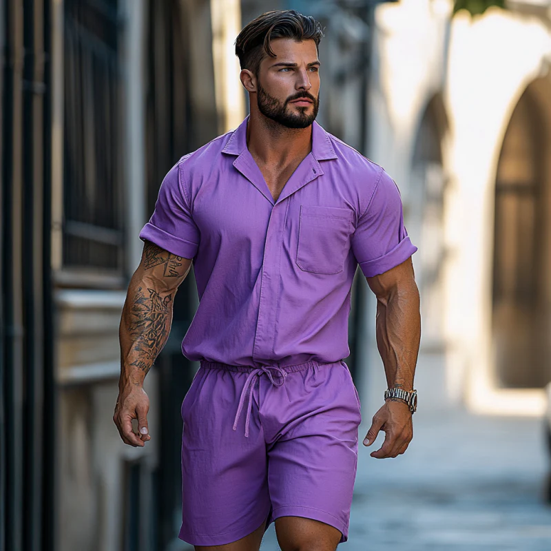 Colin | Men'S Casual Breathable Cotton Lapel Patch Pocket Slim Fit Short Sleeve Shorts Jumpsuit - Image 3