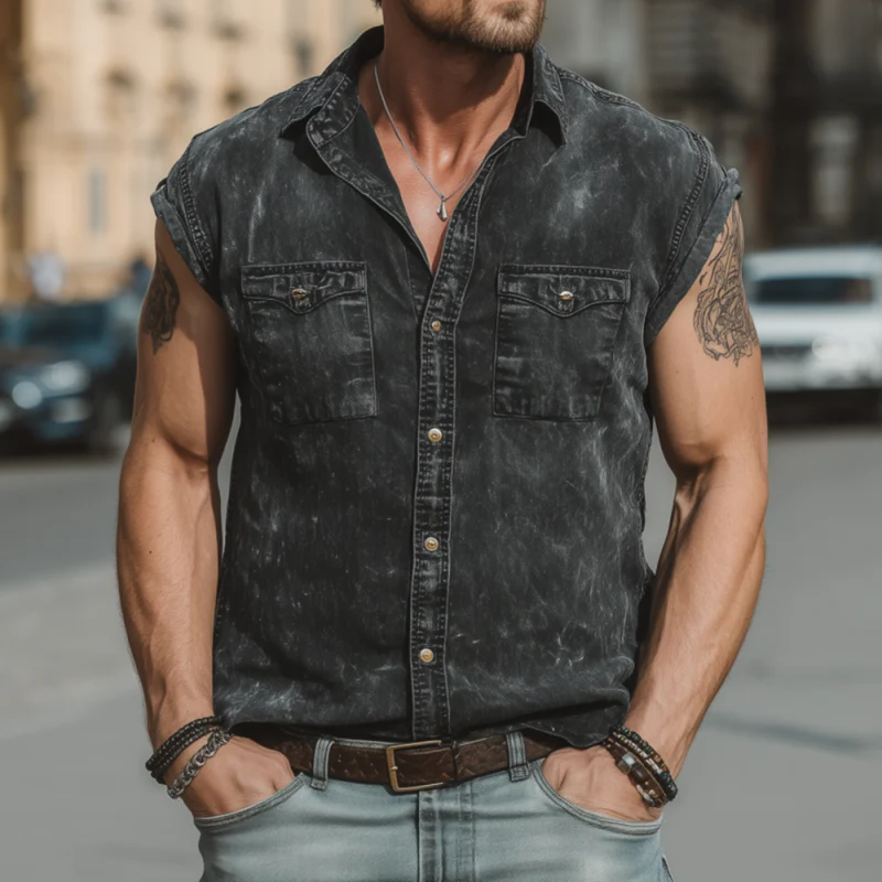 Colin | Men'S Casual Outdoor Denim Washed Distressed Lapel Chest Pocket Slim Fit Sleeveless Shirt - Image 2