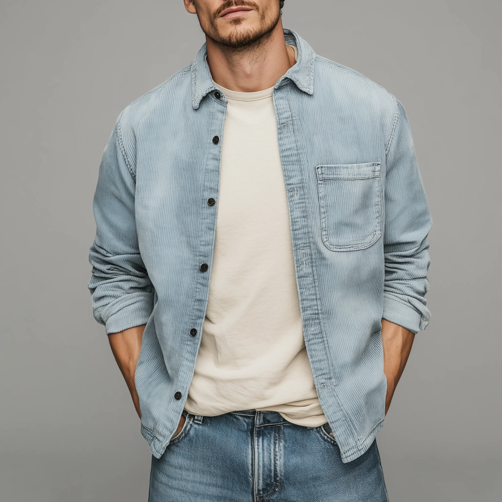 Colin | Men'S Retro Casual Corduroy Washed Lightly Bleached Distressed Long-Sleeved Shirt - Image 2
