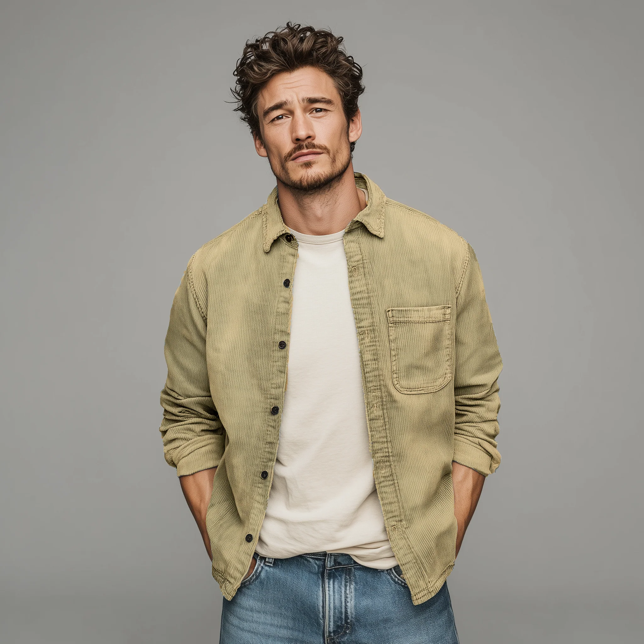 Colin | Men'S Retro Casual Corduroy Washed Lightly Bleached Distressed Long-Sleeved Shirt - Image 5
