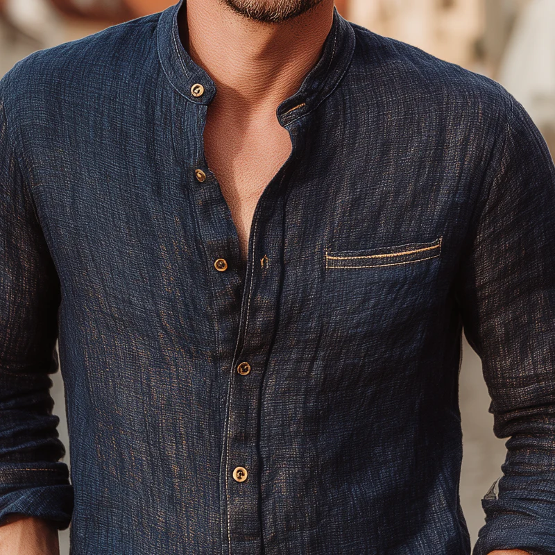 Colin | Men'S Solid Color Cotton And Linen Lapel Long-Sleeved Shirt - Image 2
