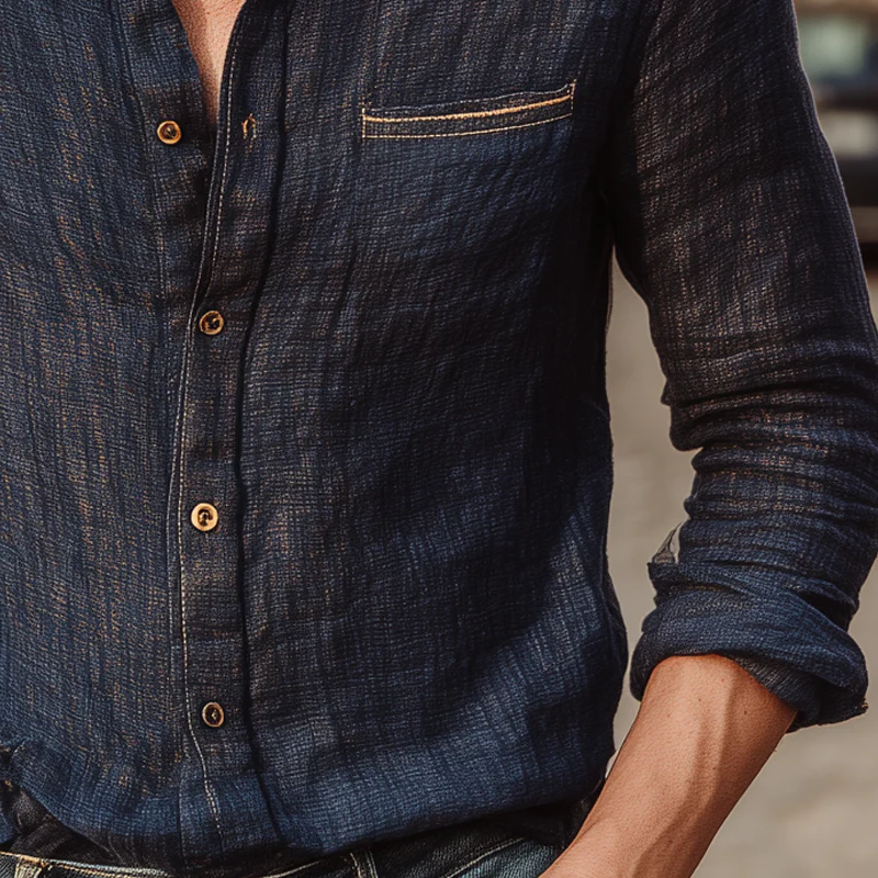 Colin | Men'S Solid Color Cotton And Linen Lapel Long-Sleeved Shirt - Image 3