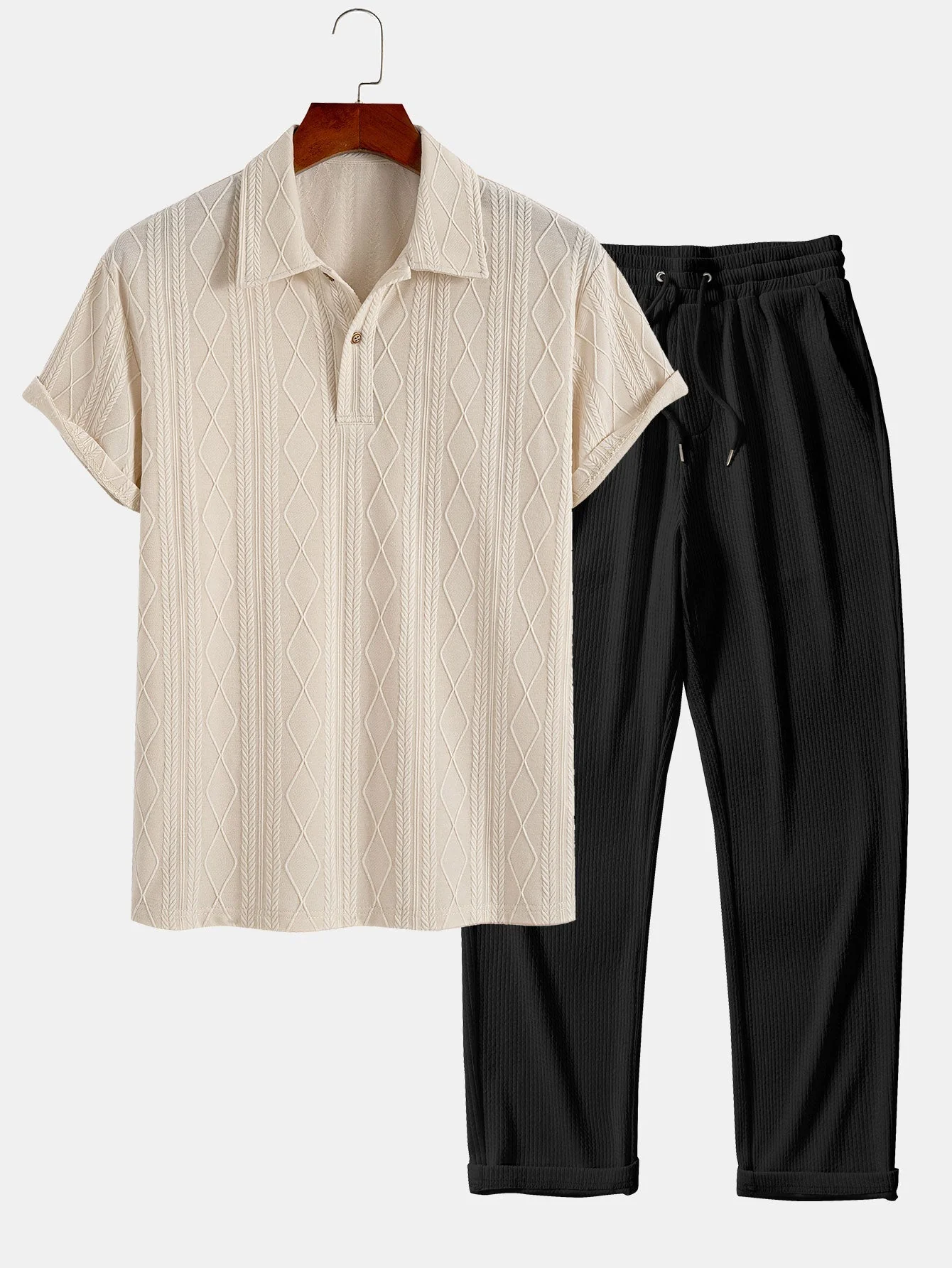 Colombo® | Knitted Geometric Rhombus Jacquard Polo & Straight Leg Ribbed Pants - Image 3