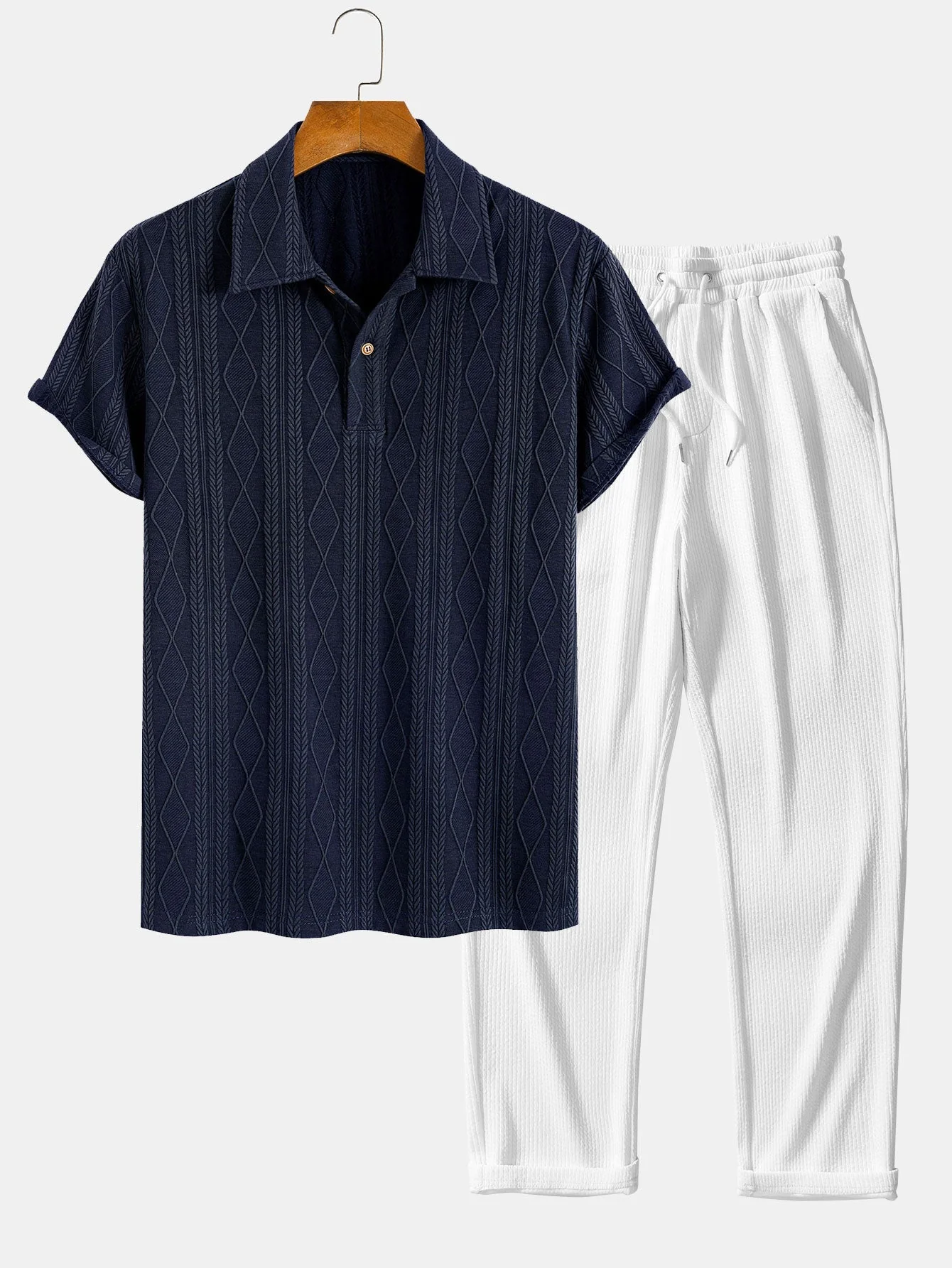 Colombo® | Knitted Geometric Rhombus Jacquard Polo & Straight Leg Ribbed Pants - Image 4