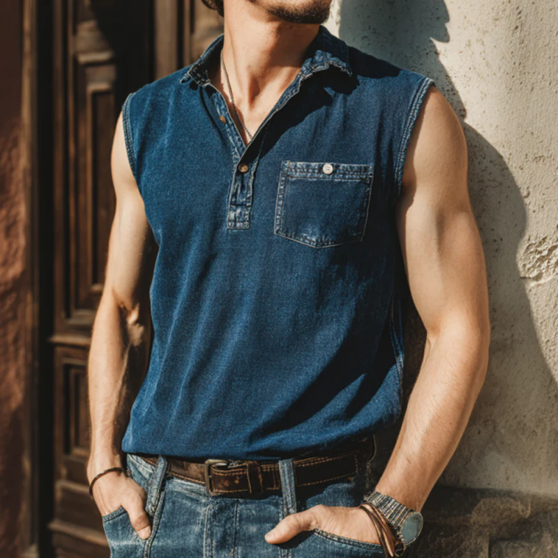 Connor | Men'S Casual Denim Washed Distressed Patch Pocket Lapel Button Pullover Sleeveless Polo Shirt - Image 2