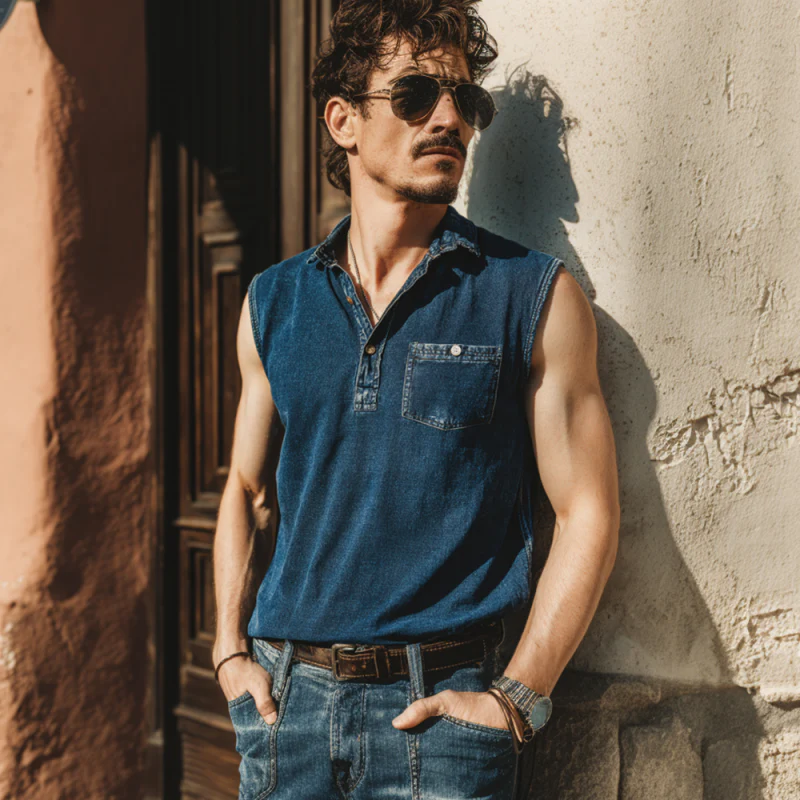 Connor | Men'S Casual Denim Washed Distressed Patch Pocket Lapel Button Pullover Sleeveless Polo Shirt - Image 3