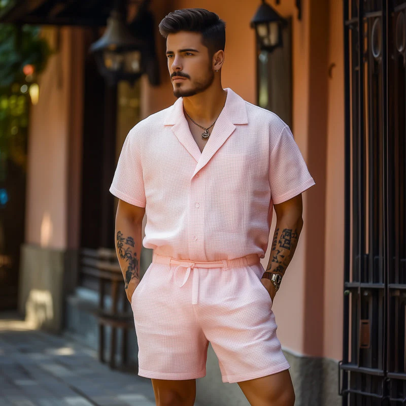 Corey | Men'S Casual Breathable Cotton Blended Waffle Lapel Slim Fit Short Sleeve Shorts Jumpsuit - Image 3