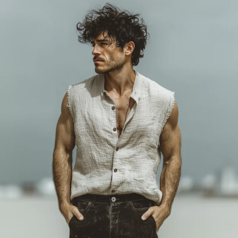 Corey | Men'S Casual Solid Color Breathable Pleated Cotton Stand Collar Loose Raw Edge Sleeveless Shirt - Image 3