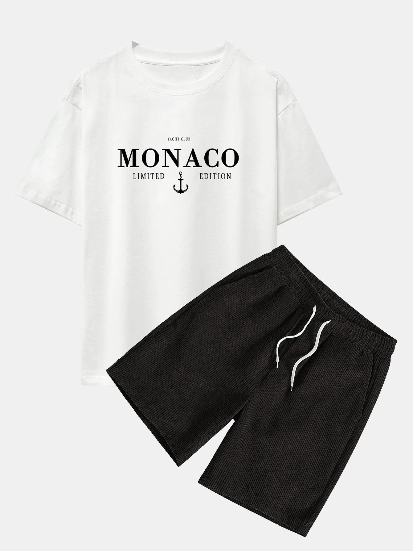 Cosme® | Monaco Slogan Print Drop Shoulder Oversize T-Shirt & Drawstring Corduroy Shorts - Image 2