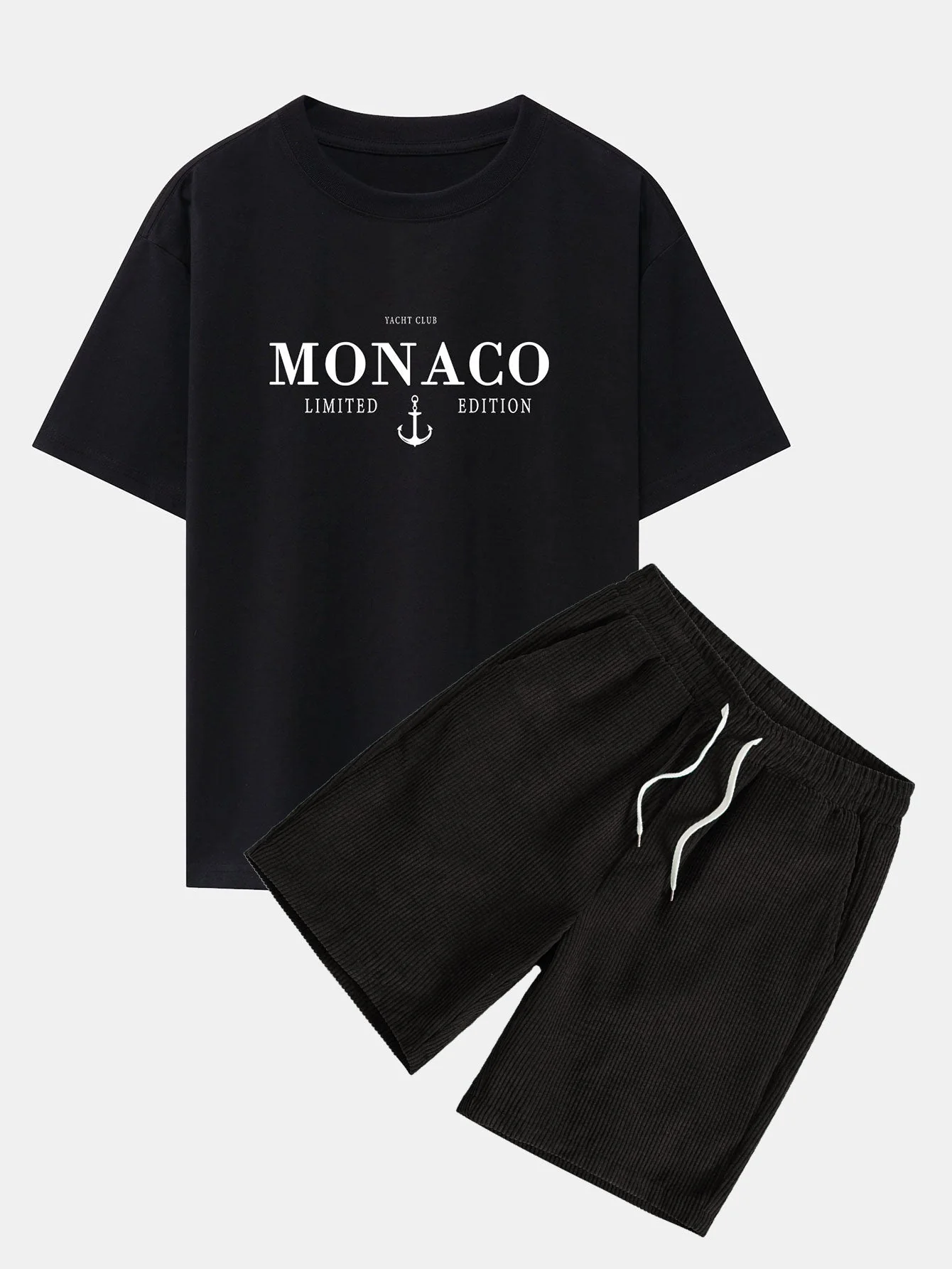 Cosme® | Monaco Slogan Print Drop Shoulder Oversize T-Shirt & Drawstring Corduroy Shorts - Image 3