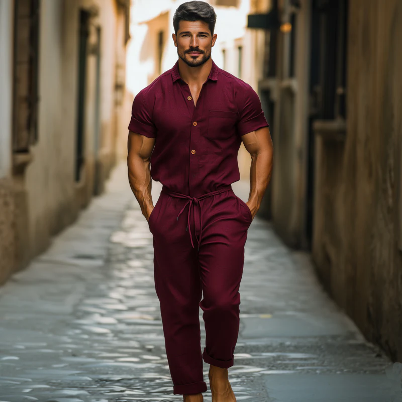 Craig | Men'S Casual Breathable Cotton And Linen Lapel Patch Pocket Short-Sleeved Pants Jumpsuit - Image 3