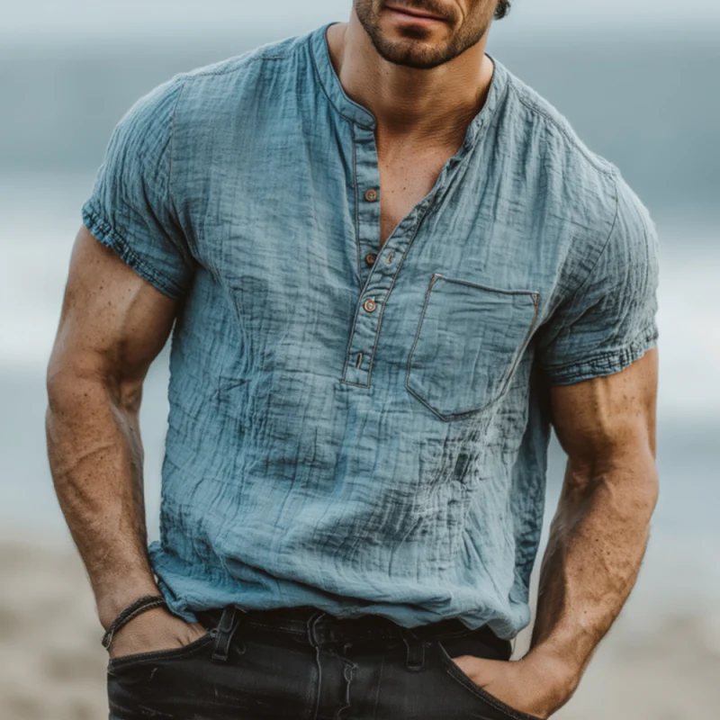 Craig | Men'S Casual Solid Color Pleated Cotton Washed Henley Collar Patch Pocket Loose Short Sleeve Shirt - Image 2