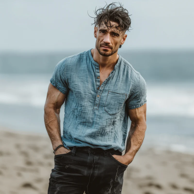 Craig | Men'S Casual Solid Color Pleated Cotton Washed Henley Collar Patch Pocket Loose Short Sleeve Shirt - Image 3