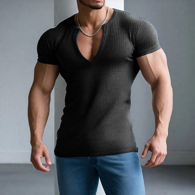 Craig | Men'S Retro Casual Solid Color Waffle V-Neck Short Sleeve T-Shirt - Image 2