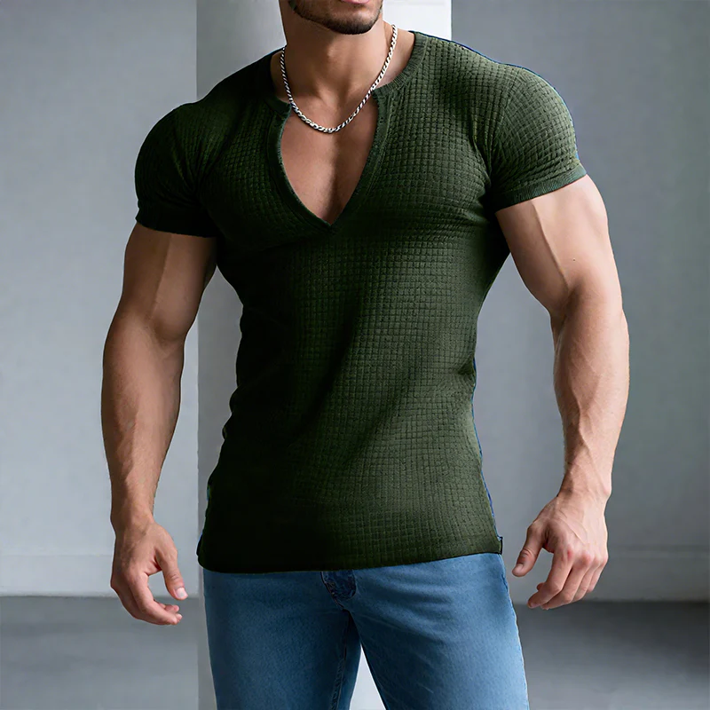 Craig | Men'S Retro Casual Solid Color Waffle V-Neck Short Sleeve T-Shirt - Image 3